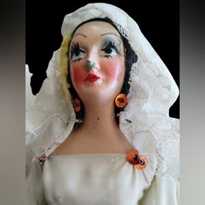 Vintage 1950's Mid Century Modern Composition Mexican Bridal Doll Moving Arms